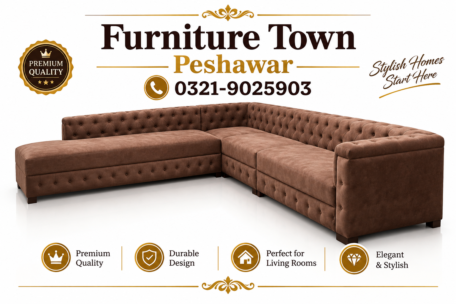 Brown Chesterfield L-Shaped Sectional Sofa in Peshawar