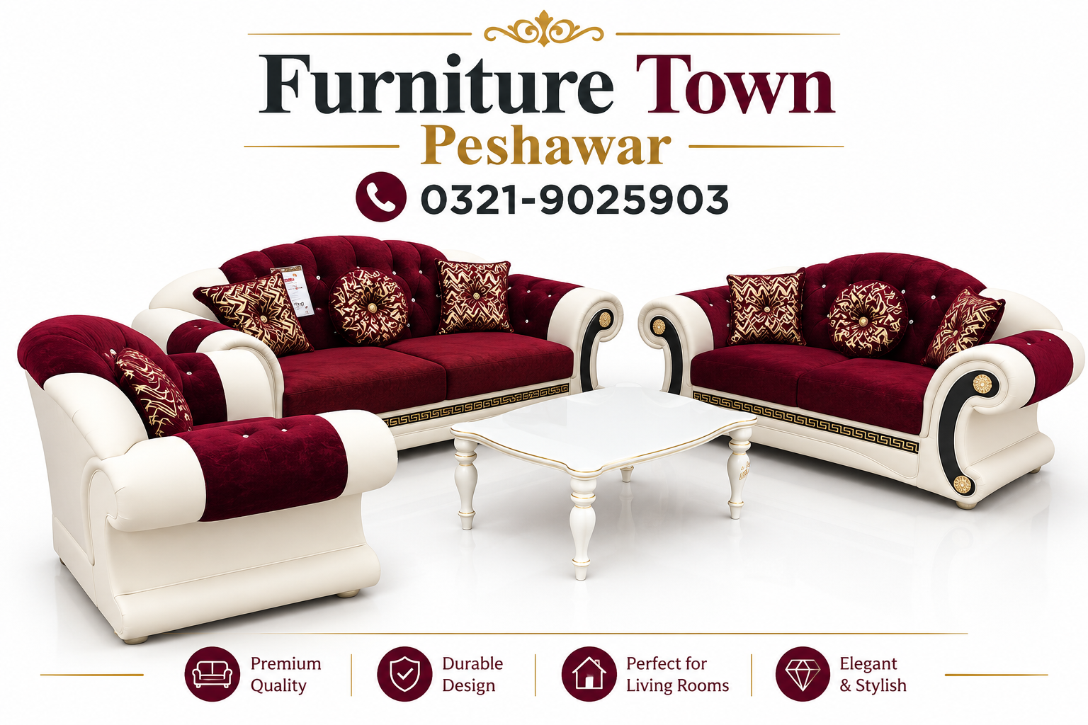 Burgundy & Ivory Luxury Sofa Set with Decorative Cushions in Peshawar