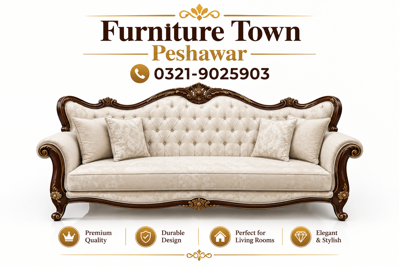 Classic Ivory Tufted Sofa with Ornate Wooden Frame in Peshawar