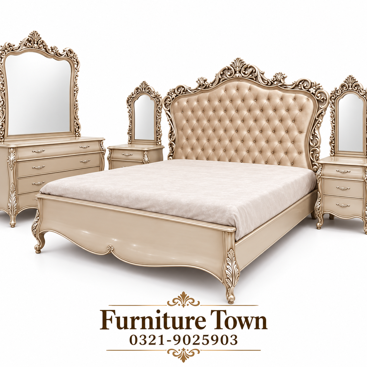 Luxury Champagne Gold Tufted Bedroom Set in Peshawar