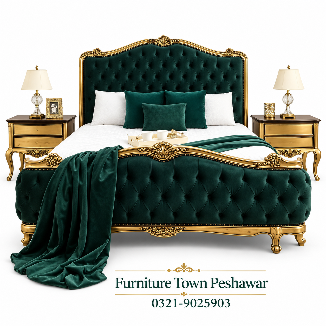 Luxury Emerald Green & Gold Tufted Bedroom Set in Peshawar
