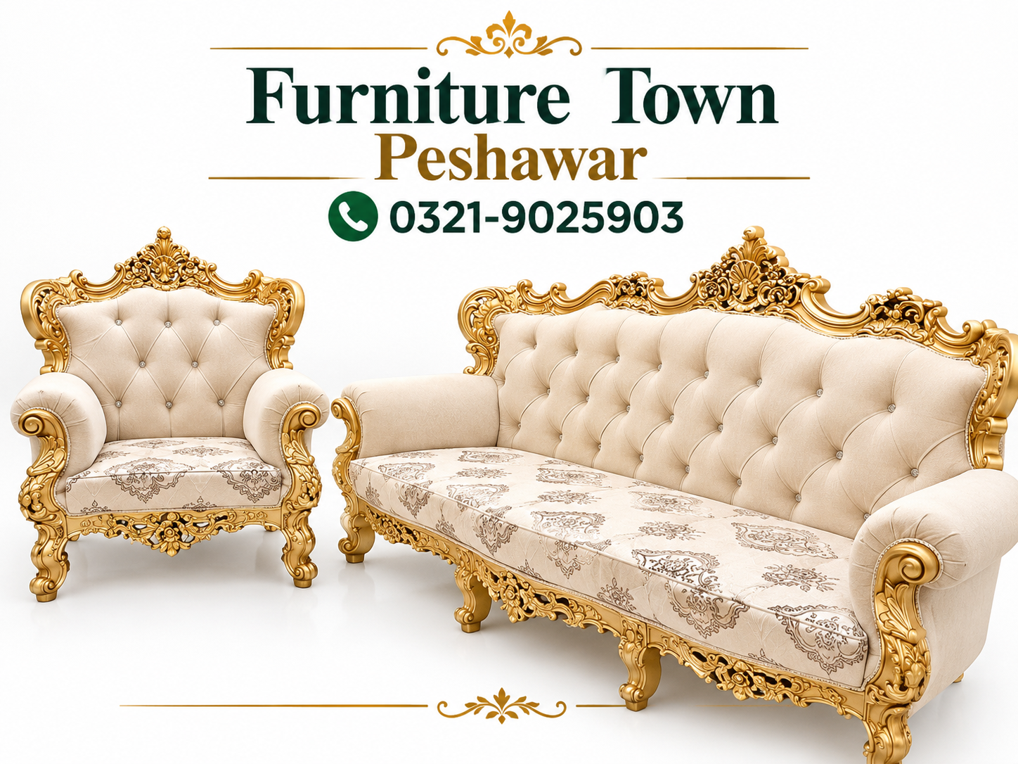 Luxury Royal Cream Sofa Set with Golden Carved Frame in Peshawar