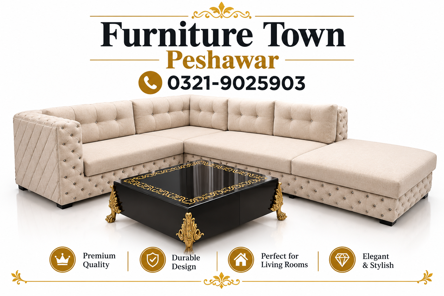 Modern Beige L-Shaped Sofa Set with Chaise Lounge in Peshawar