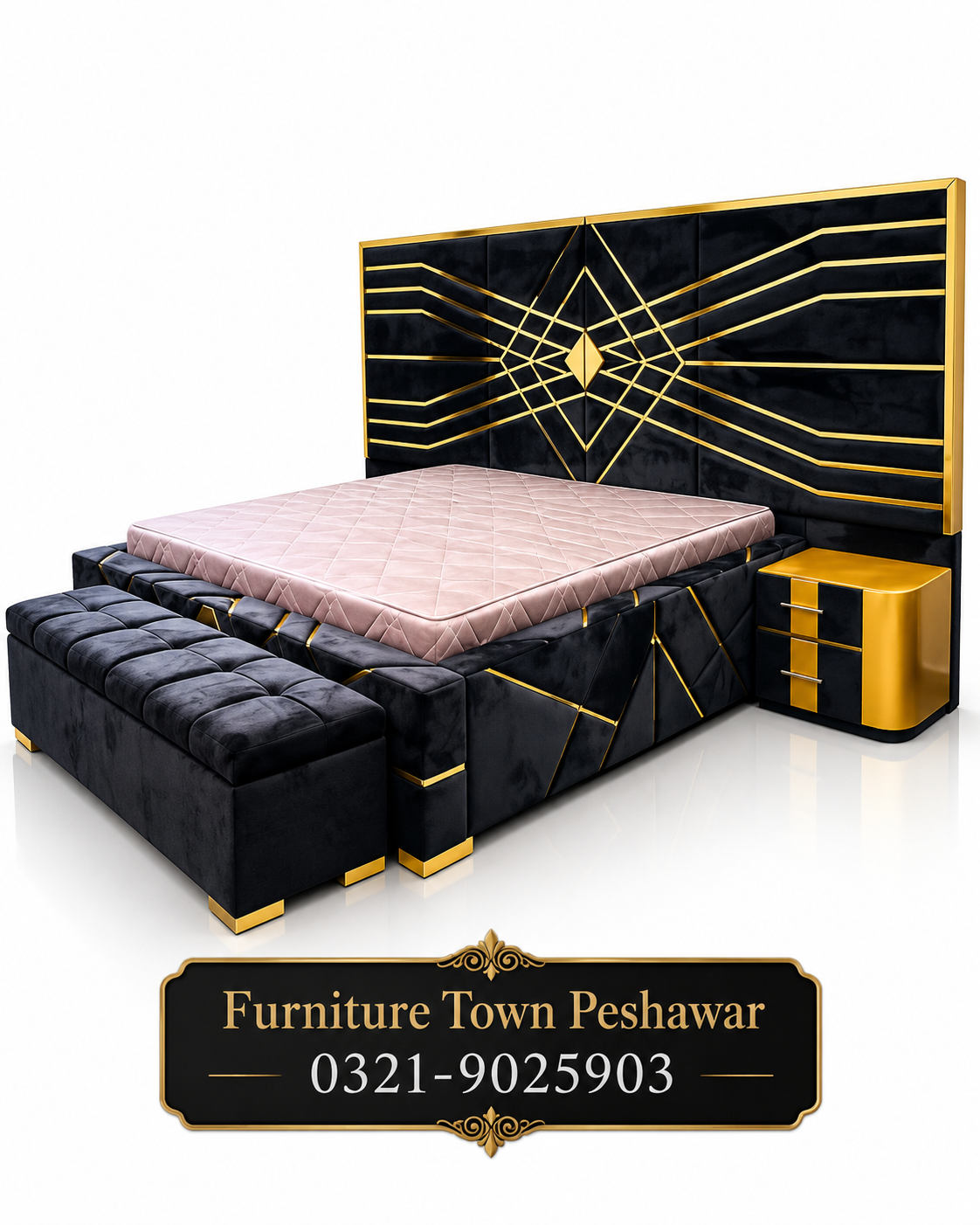 Modern Black & Gold Geometric Bedroom Set in Peshawar