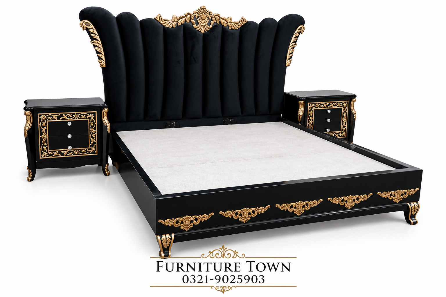 Royal Black & Gold Upholstered Bed in Peshawar