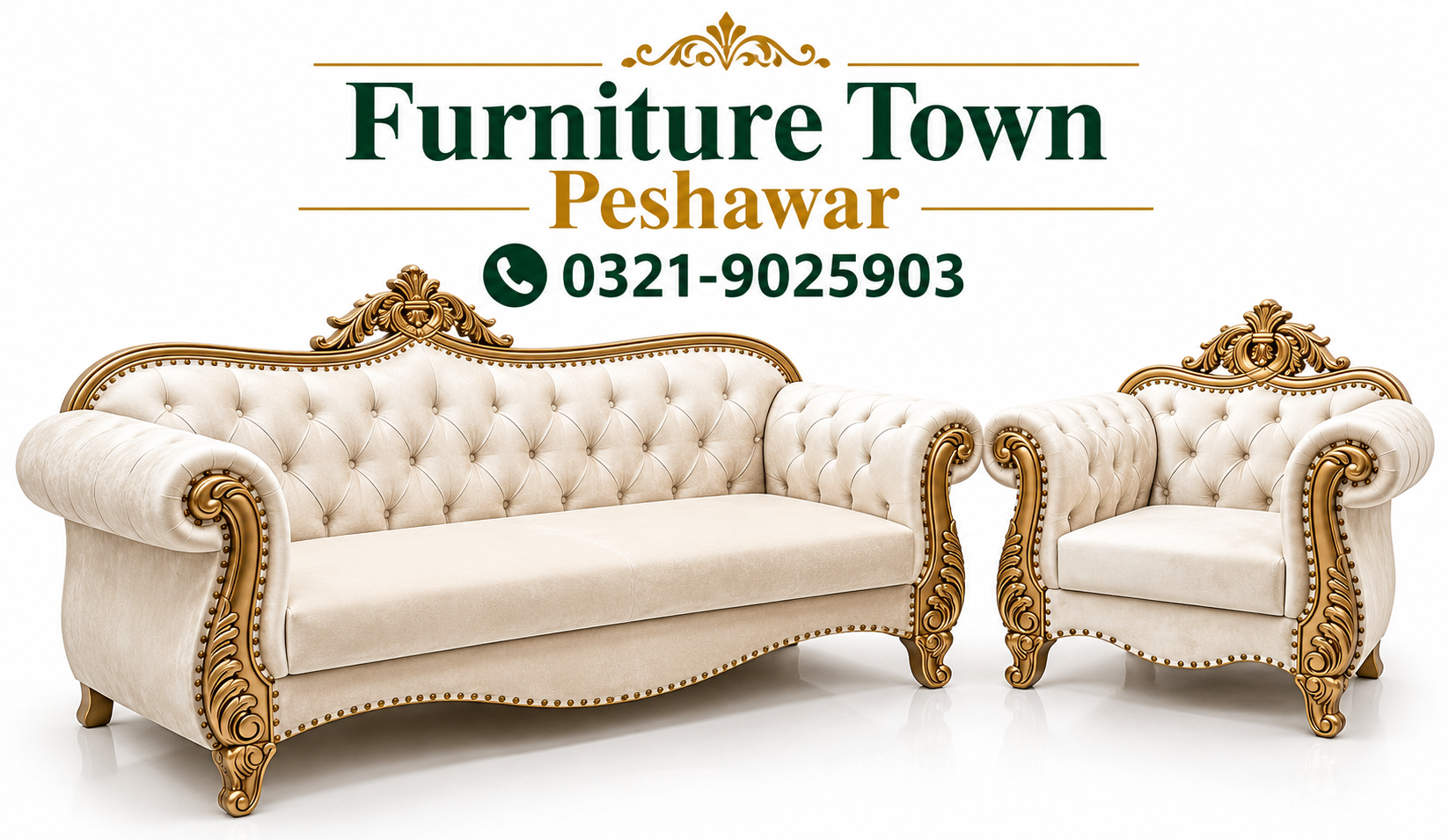 Royal Cream Velvet Sofa Set with Golden Carved Frame in Peshawar