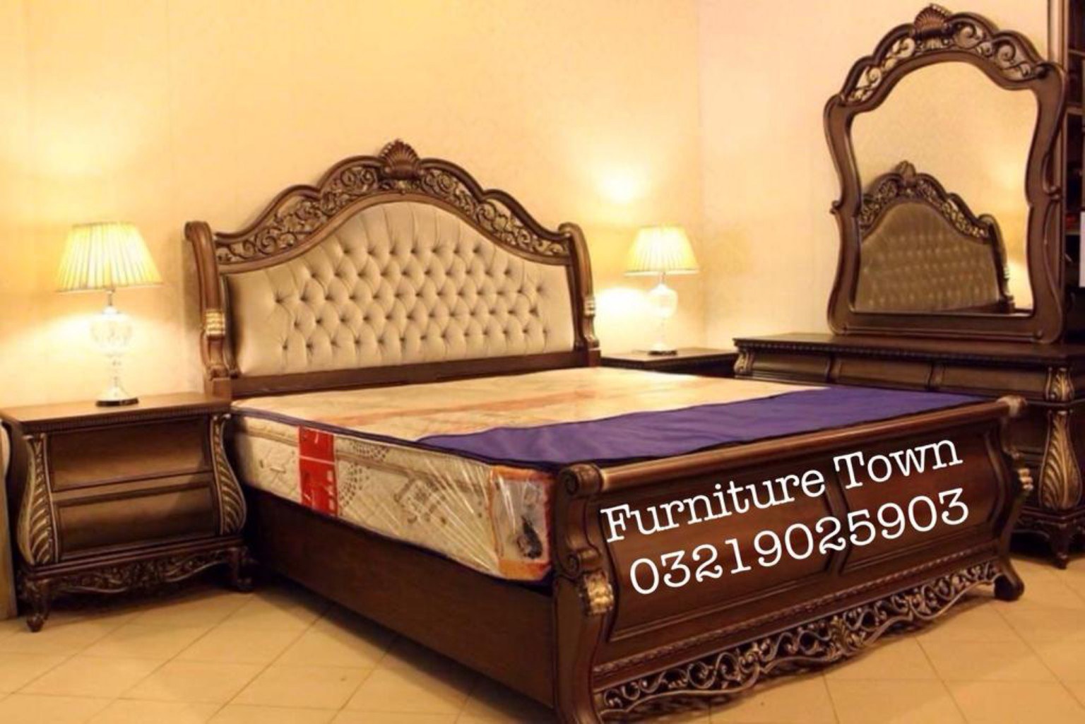 Royal Gold-Trim Tufted Bed in Peshawar