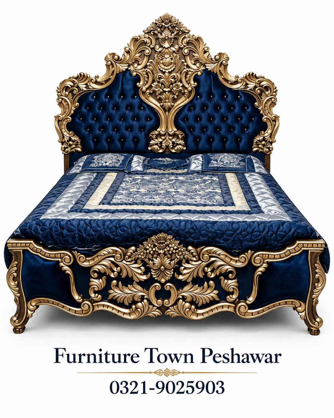 Royal Navy Blue & Gold Baroque Bed in Peshawar