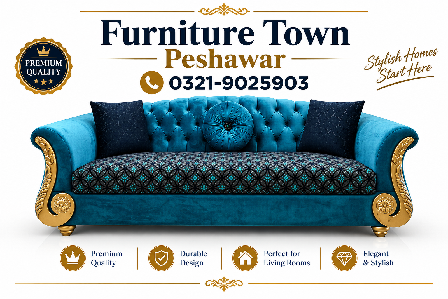 Teal Blue Velvet Luxury Chesterfield Sofa in Peshawar